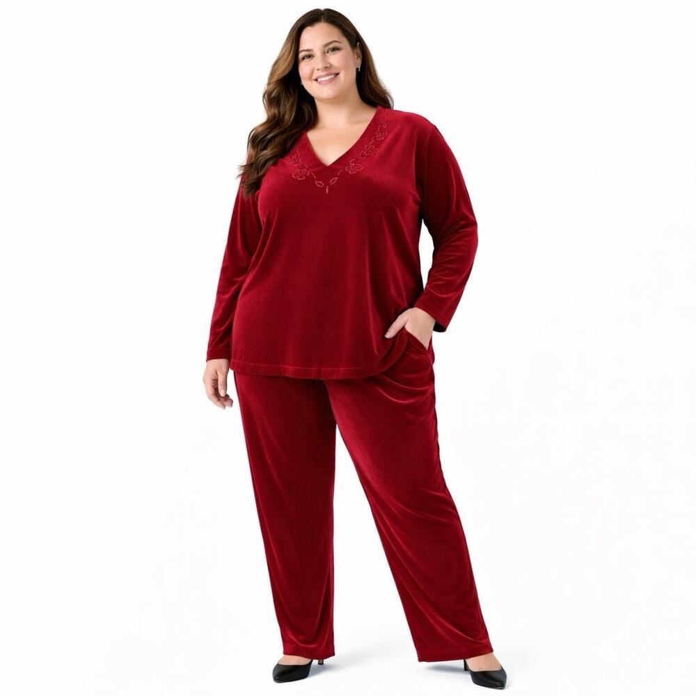 Vintage Velour Pant Set Red Velvet Lounge Outfit 2XL Stretch Top Pants Holiday